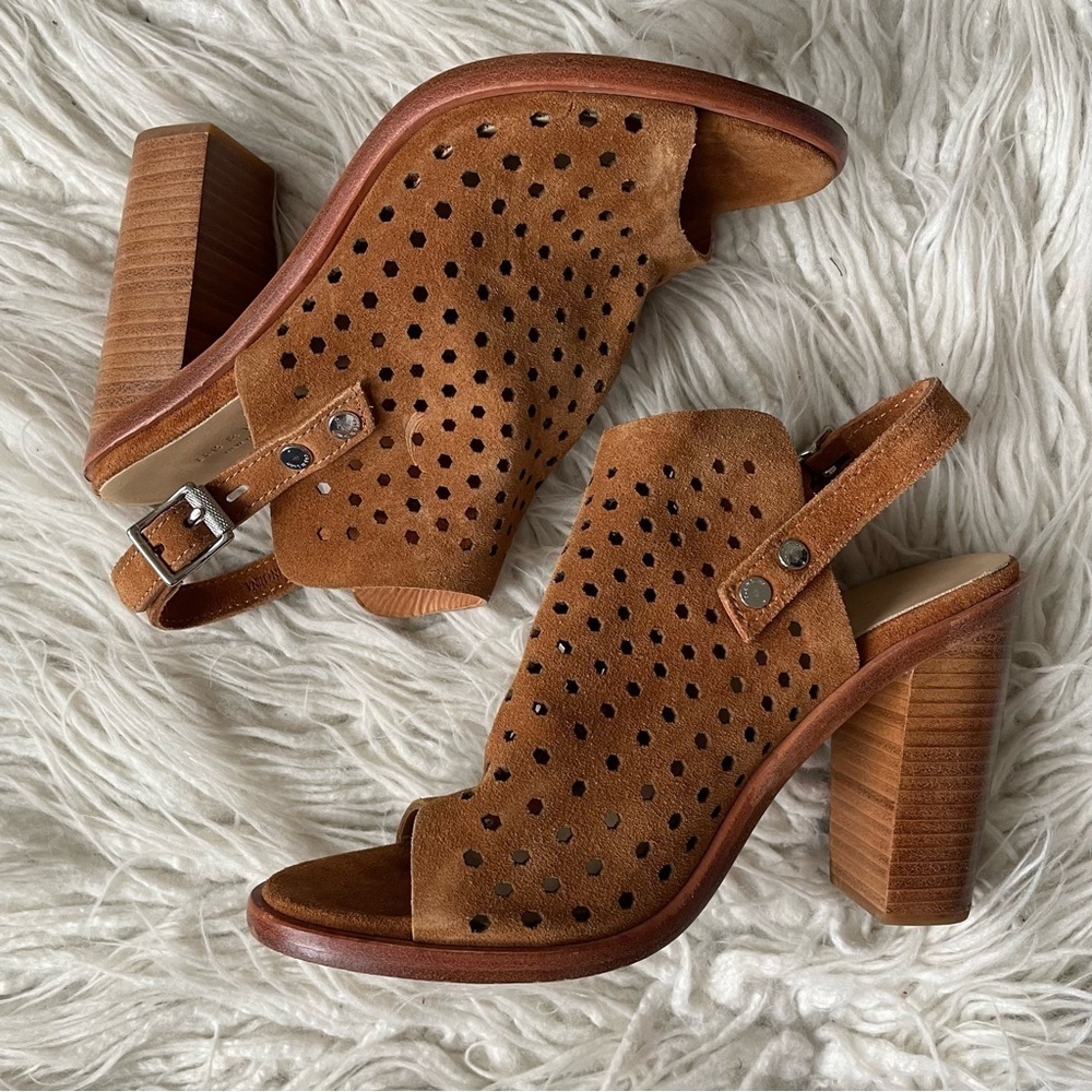 Rag & Bone Tan Peep Toe Wyatt Perforated Suede Heeled Sandal EUC Size 38 - Picture 5 of 12
